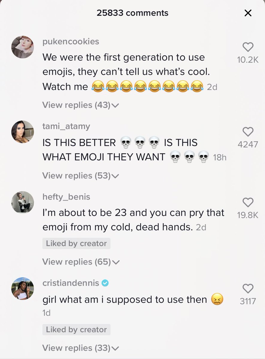 the first few comments on this tiktok of a 25 year old learning that gen z is over the  emoji