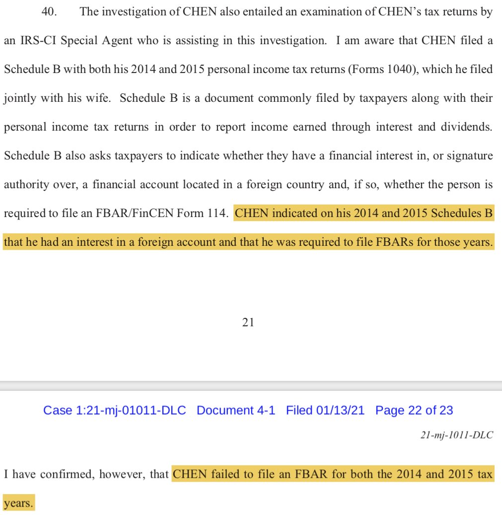 40. Professor Chen indicated on his 2014 and 2015 Schedule B that he was required to file FBAR, but he did not.