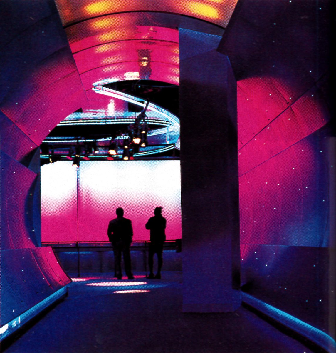 Examples of the Cyber Corporate style; including a giant glowing brain of Intel, rippling Pepsi supergraphic, and a strange Sony computer-clump cloud