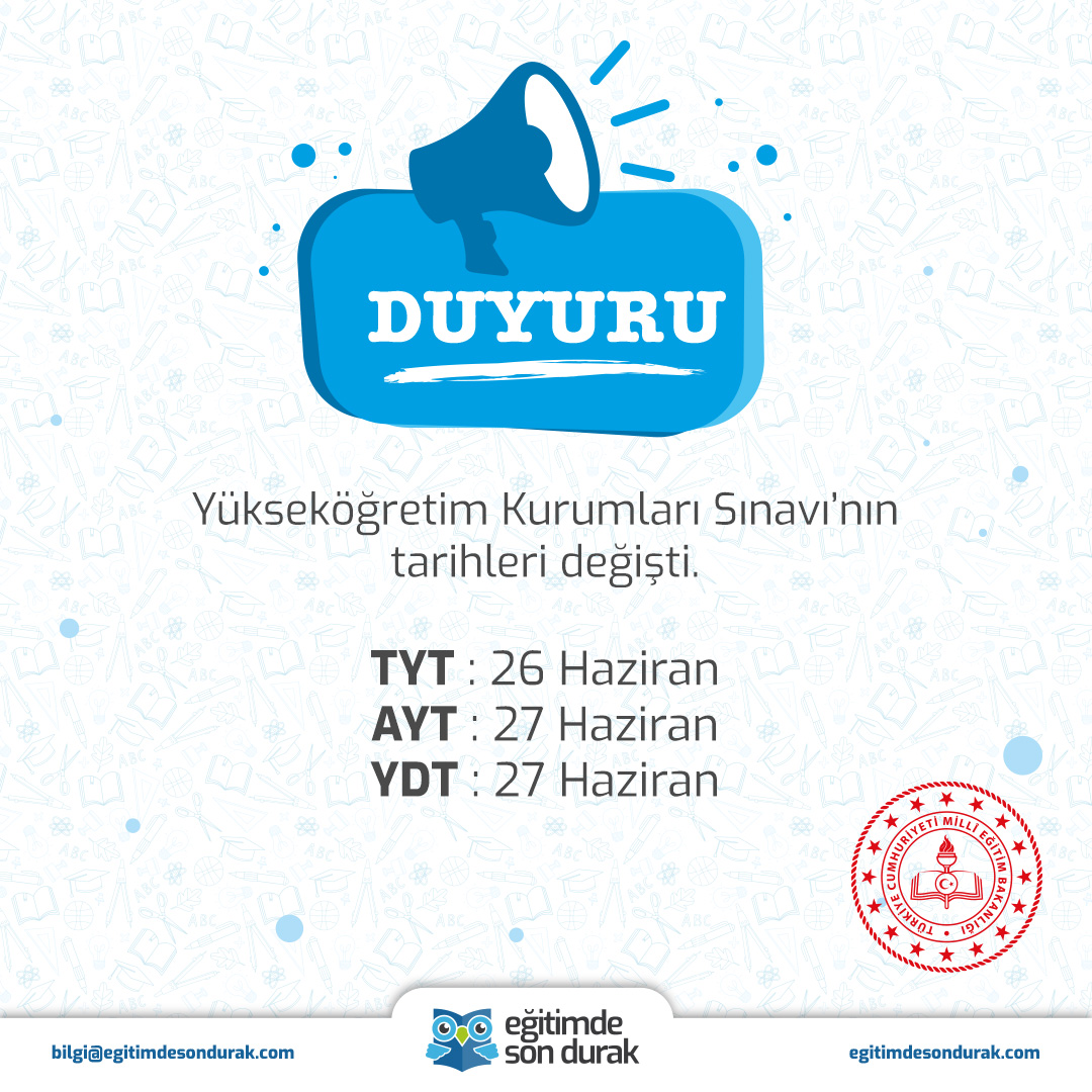 Yükseköğretim Kurumları Sınavı tarihleri duyuruldu.

ÖSYM Başkanı, tarihlerin ÖSYM websitesinden açıklandığını duyurdu.

#egitimdesondurak #esd #mebhaber #mebhaberleri #onlineders #egitimhaberleri #örneksorular #onlineegitim #yks #ayt #tyt #ydt #yks2021 #ayt2021 #tyt2021 #ydt2021