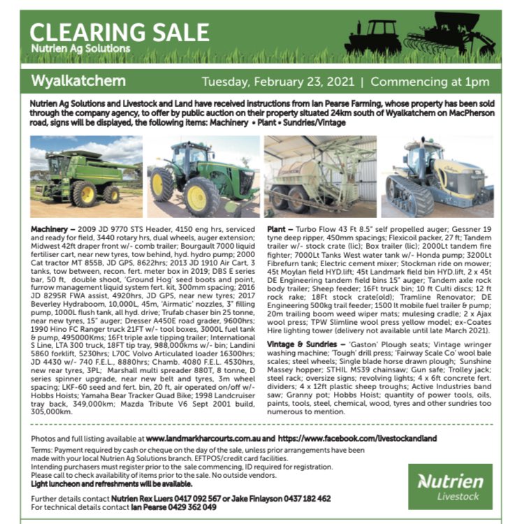 Ian Pearse Farming Clearing Sale - 23rd Feb 1pm - Wyalkatchem. 

Co Hosted by Livestock and Land and Quade AgriServices.