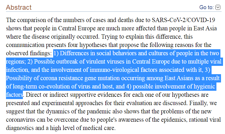 14. Apparent difference in fatalities between Central Europe and East Asia due to SARS-COV-2 and COVID-19: 4 hypotheses for possible explanation https://www.ncbi.nlm.nih.gov/pmc/articles/PMC7403102/(Figures for deaths and cases as for May 2020)