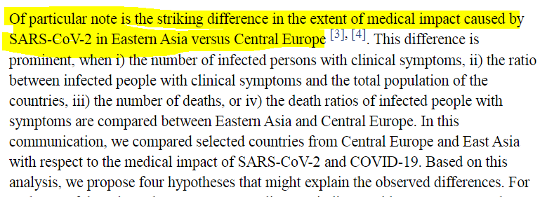 14. Apparent difference in fatalities between Central Europe and East Asia due to SARS-COV-2 and COVID-19: 4 hypotheses for possible explanation https://www.ncbi.nlm.nih.gov/pmc/articles/PMC7403102/(Figures for deaths and cases as for May 2020)