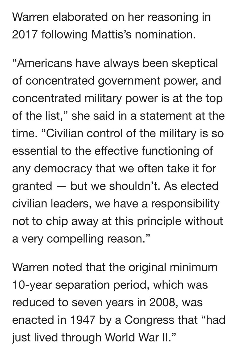 Warren, and several other Democratic Senators, take a view that a waiver is bad on principle because civilian control of the military is essential and that granting a waiver ostensibly makes that more difficult.I find that view wholly reductive, ESPECIALLY now.