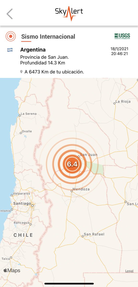 SkyAlertMx's tweet photo. Sismo en la provincia de San Juan, Argentina🇦🇷 magnitud 6.4 (USGS).

•Intensidades fuertes a muy fuertes por foco a 14 km de profundidad.
•Posibles daños en localidades cercanas al epicentro.
•Percibido también en varias regiones de Chile. https://t.co/W79OLtSKEG