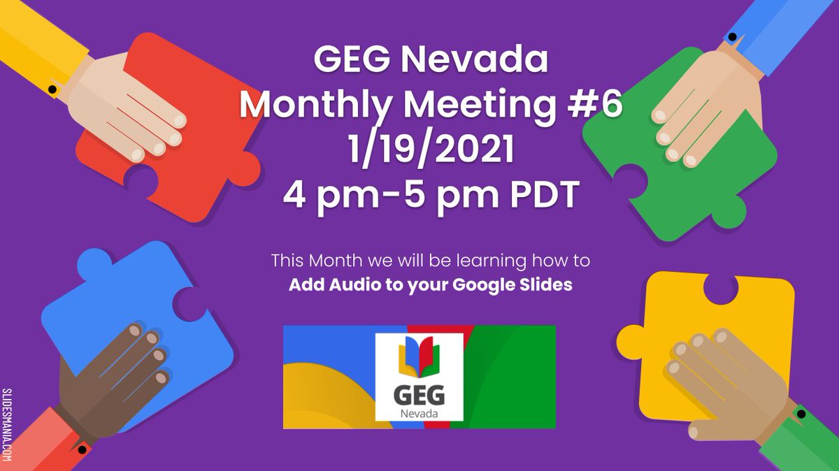 The first meeting of the new year will be held on January 19. We will demonstrate tools you can use to add audio to Google Slides. #GEGNV #GlobalGEG <a href="/GlobalGEG/">Global GEG</a> <a href="/GegProgram/">Google Educator Groups</a> #GoogleEI #GoogleET #GoogleEC #cuenv #wearecue #nvdlc #nvedchat #teachnvchat #nved sites.google.com/view/geg-nevad…
