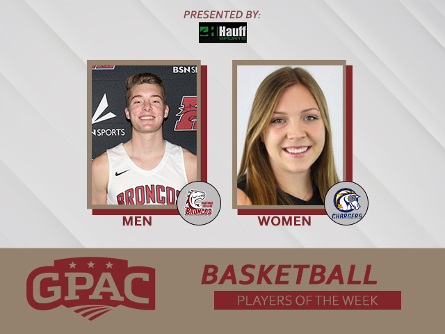 GPACSports's tweet photo. BASKETBALL: Wk. 9 Honors - (MEN) Karson Gansebom of @Hastingsbroncos and (WOMEN) 
Payton Slaughter of @bcuchargers. Complete Release: https://t.co/6YS8tQrnz0 https://t.co/ANiDVBUkah