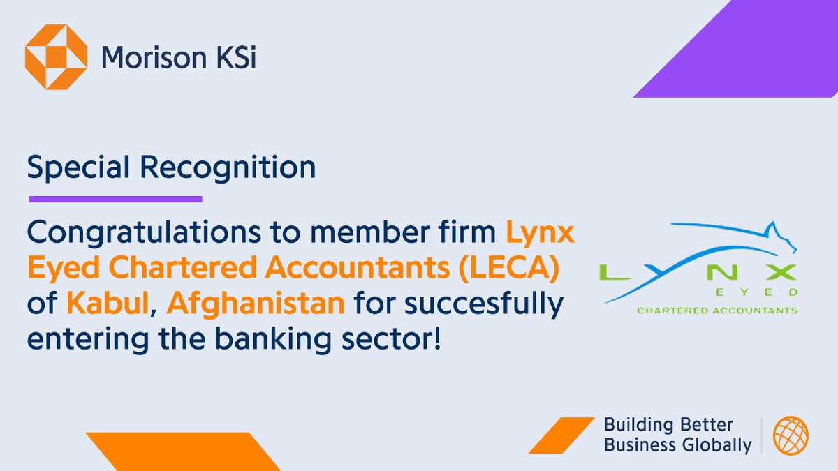 Congratulations to our member firm, Lynx Eyed Chartered Accountants (LECA) of Kabul, Afghanistan. A brilliant achievement and great start to the new year!
 
#BuildingBetterBusinessGlobally #MorisonKSi #BuildingOpportunity #members #MiddleEast