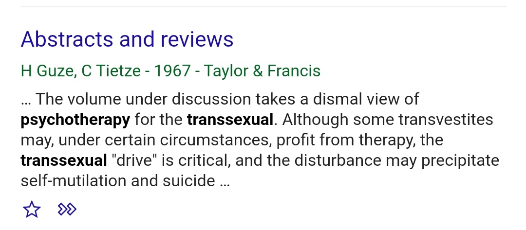 "The volume under discussion takes a dismal view of psychotherapy for the transsexual. Although some transvestites may, under certain circumstances, profit from therapy, the transsexual "drive" is critical, and the disturbance may precipitate self-mutilation and suicide …"