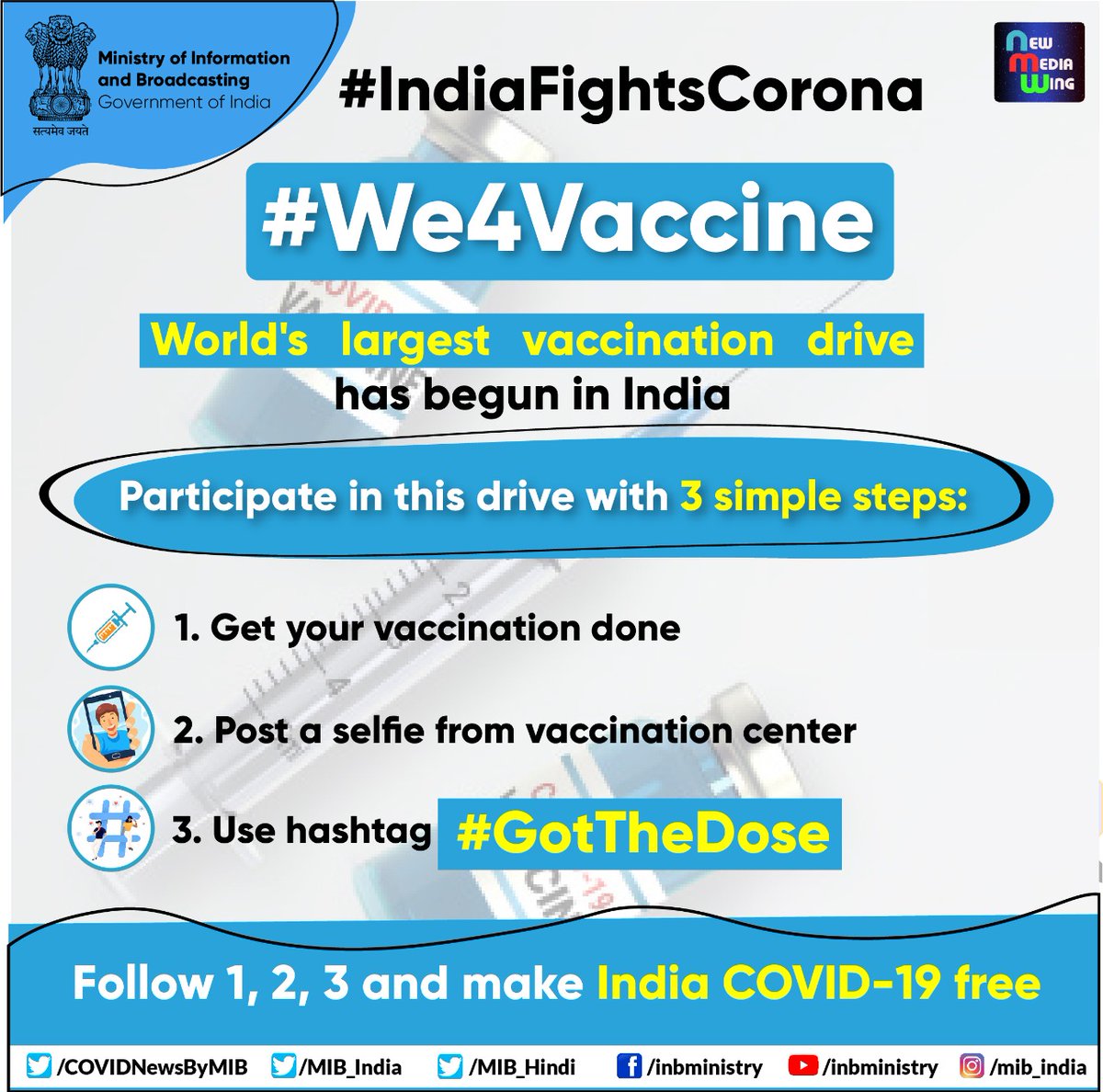 Indiafightscorona On Twitter We4vaccine World S Largest Vaccination Drive Has Begun In India Participate In This Drive With 3 Simple Steps 1 Get Your Vaccination Done 2 Post A Selfie From Vaccination Center 3 Use Hashtag