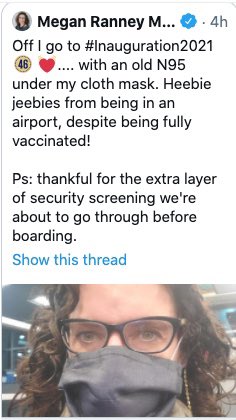 HumphreyPT's tweet photo. @meganranney Did you make it to DC? Couldn’t help but notice you took this picture down. Any chance it’s because you have scolded folks for any social activity these last 10 months? Probably just felt bad you are vaccinated while there are more at risk folks who have to wait! #scienceforme https://t.co/F8OOC05KVp