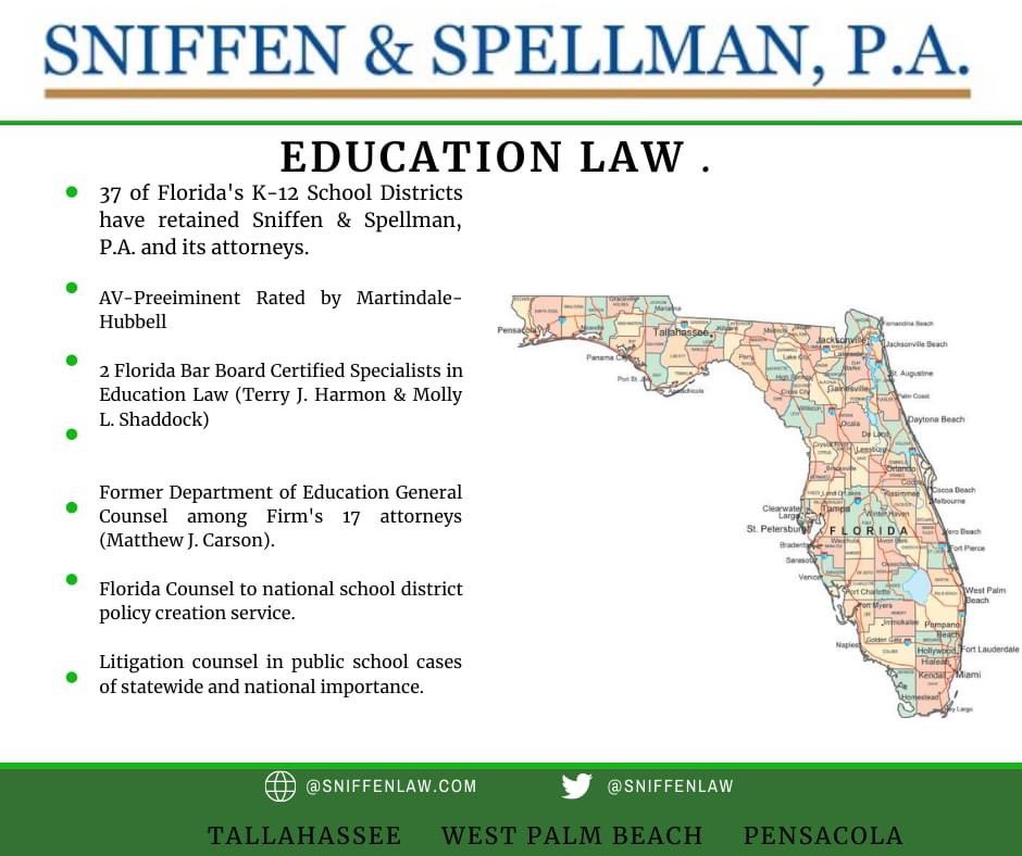 Sniffenlaw's tweet photo. Snapshot of Sniffen &amp; Spellman, P.A.’s K-12 Education Law practice area. #educationlaw #Florida #floridaschools #schoollaw #schools @THarmonLaw @mjcarson @MPSpellman @jeffslanker @fountain_lisab https://t.co/vNSbIP8EsW