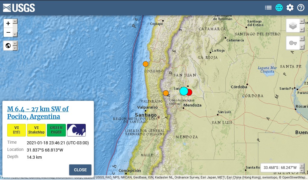 [EN] #USGS #Earthquake Official Report

Magnitude: 6.4 Mw
Epicentre: 27 Km SW of Pocito. #Argentina
Depth: 14.3 Km
Intensity: V-VI Mercalli
Tsunami Warning: No

18/01/2021, 23:46:22 UTC-3 https://t.co/rj9bbTqjLK