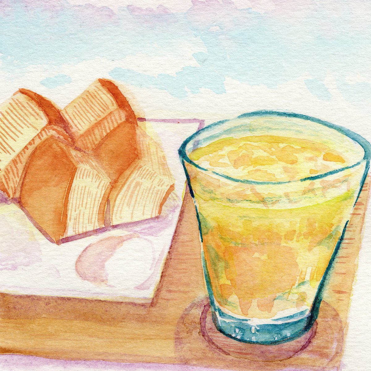 しもしも 日本橋 クラブハリエ B Sutudio 日本橋三越店 焼き立てバームクーヘンとリンゴジュース 水彩 透明水彩 Watercolor お菓子