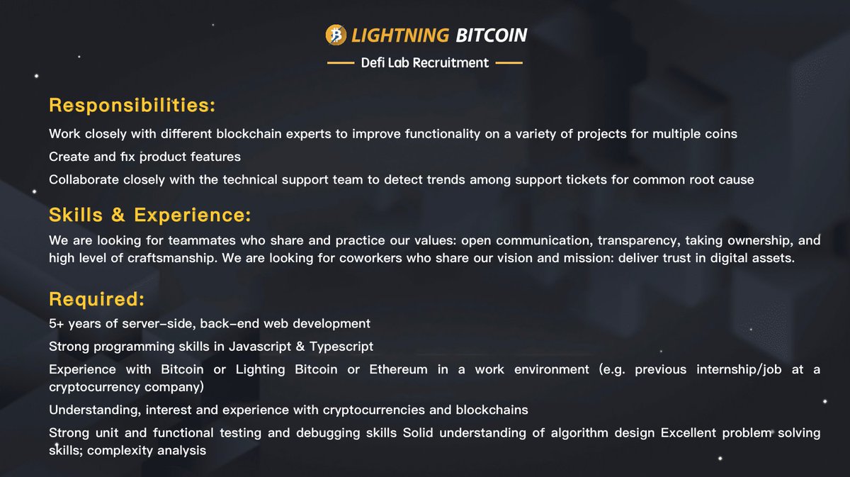 LightningBTC's tweet photo. We are looking for a Blockchain Engineer who will join our Blockchain team in the Bank, London.
If you are interested in this job, please send your resume to: support@lightningbitcoin.io
#lightningbitcoin
#lightningbtc
#lbtc https://t.co/oGjc20VO0C