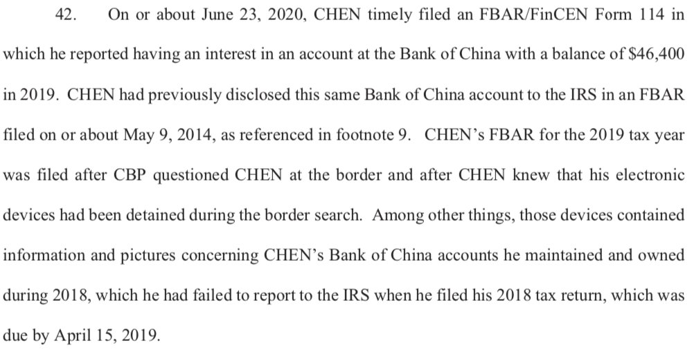 42. McCarthy reports that Chen filed FBAR for the tax year 2019. The deadline for filing was 15 April 2020, but Chen filed on 23 June 2020. Lawyers, how serious an offense is this late filing? McCarthy says again that Chen did not file FBAR for the tax year 2018.