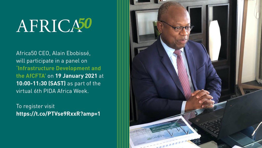 Africa50 CEO, Alain Ebobissé, will be on a panel this morning at 10:00-11:30 (SAST) to discuss #Infrastructure #Development and the #AfCFTA’.
The programme is being organized by <a href="/PIDA_Africa/">Programme for Infrastructure Development in Africa</a> as part of the virtual #6thPIDAweek.