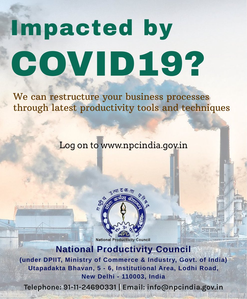 Impacted by COVID19? NPC can restructure your business processes through latest productivity tools and techniques Log on to npcindia.gov.in 
#AtmaNirbharBharat #MoMSME #DPIIT #ProudlyIndian #BSE #NSE #NIFTY #ministryofcorporateaffairs #RailwayMinistry #SIDBI #npcindia