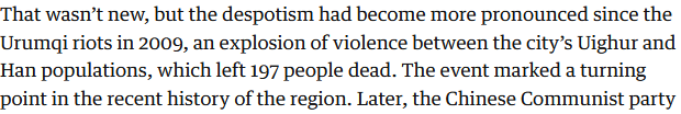 Most of the “197 dead” she cites from the Urumqi riots were Han Chinese. This was not a “both sides” situation.  For further detail on 2009, thread with video footage here:  https://twitter.com/carlzha/status/1108818491249852417 8/