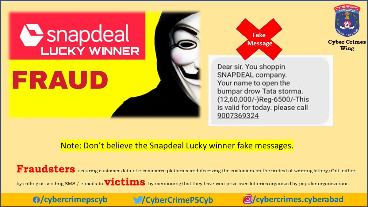CyberCrimesCyb's tweet photo. Beware of Snapdeal Lucky draw fraud:
#SnapdealLuckyDraw #OLXfraud #OnlineDatingFrauds #CyberCrimes #FakeDatingApps #OnlineCheating #CyberCrimesCyberabad #OnlineDatingScams
@TelanganaDGP @TelanganaCOPs @CPHydCity @cpcybd @RachakondaCop @CyberCrimeshyd @CyberCrimeRck https://t.co/ybRMS9IVSC