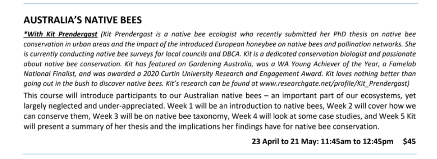 BeeBabette's tweet photo. Excited to be a lecturer for a course on Australian Native Bees for Mature Adults Learning Association-Perth!
I'll be holding a series of 5 lectures over 5 weeks starting 23 April.
Contact MALA here to enrol: enrol.perth@mala.org.au
#MatureLearning #bees #education https://t.co/Z6zsIKFwEJ