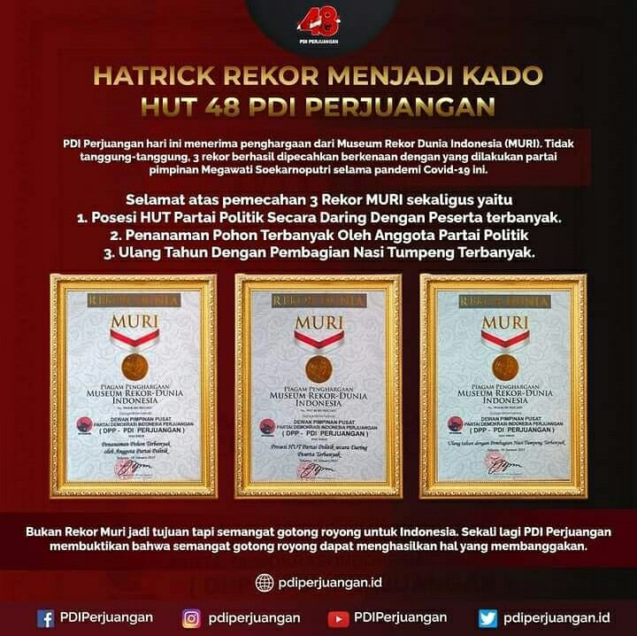 PdiperjuanganP's tweet photo. #PDIPerjuangan meraih 3 rekor Museum MURI #Indonesia saat #HUT48PDIPerjuangan https://t.co/FVHARVXyHV