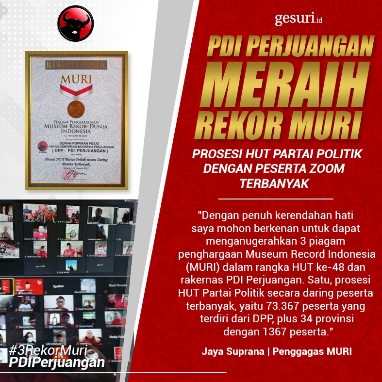 GesuriID's tweet photo. "PDI Perjuangan pecahkan rekor prosesi HUT Partai Politik secara daring peserta terbanyak, yaitu 73.367 peserta yang terdiri dari DPP, plus 34 provinsi dengan 1367 peserta. Joe Biden juga harus belajar dari kita, dari PDI Perjuangan." #3RekorMuriPDIPerjuangan https://t.co/Qs6tdSS2Yc
