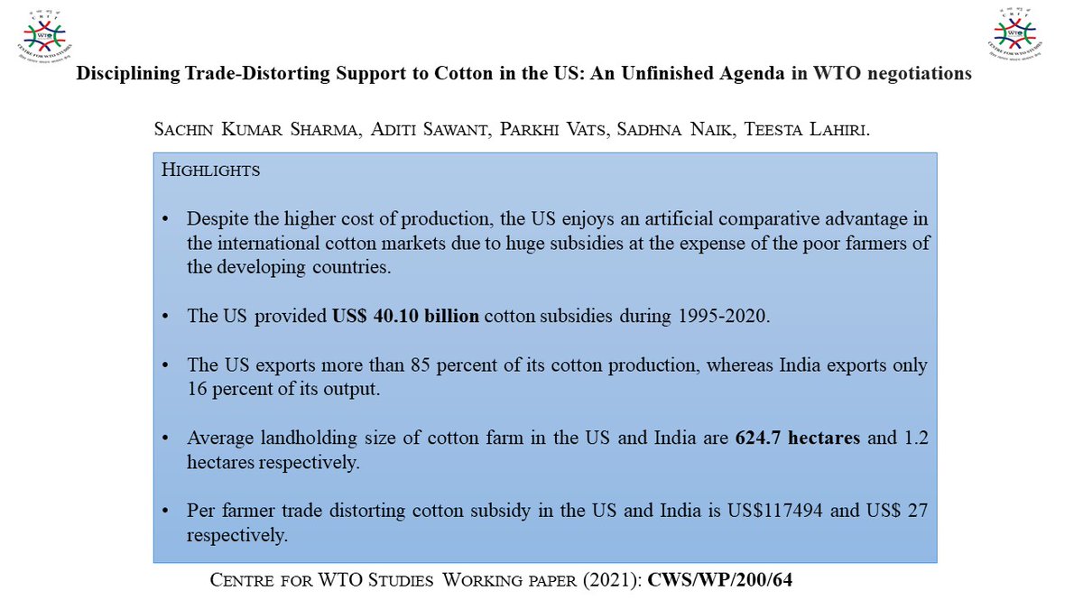 CWS_iift's tweet photo. Alert! New working paper ‘Disciplining Trade-Distorting Support to Cotton in the US: An Unfinished Agenda in WTO Negotiations’ by Dr. @sachinaug13, Dr. @sawant_aditi (St. Xavier's College, Mumbai), Ms. Parkhi Vats, Ms. Sadhna Naik &amp; Ms. Teesta Lahiri. 

https://t.co/Cp7gG2FhaN https://t.co/AxArasqFwo