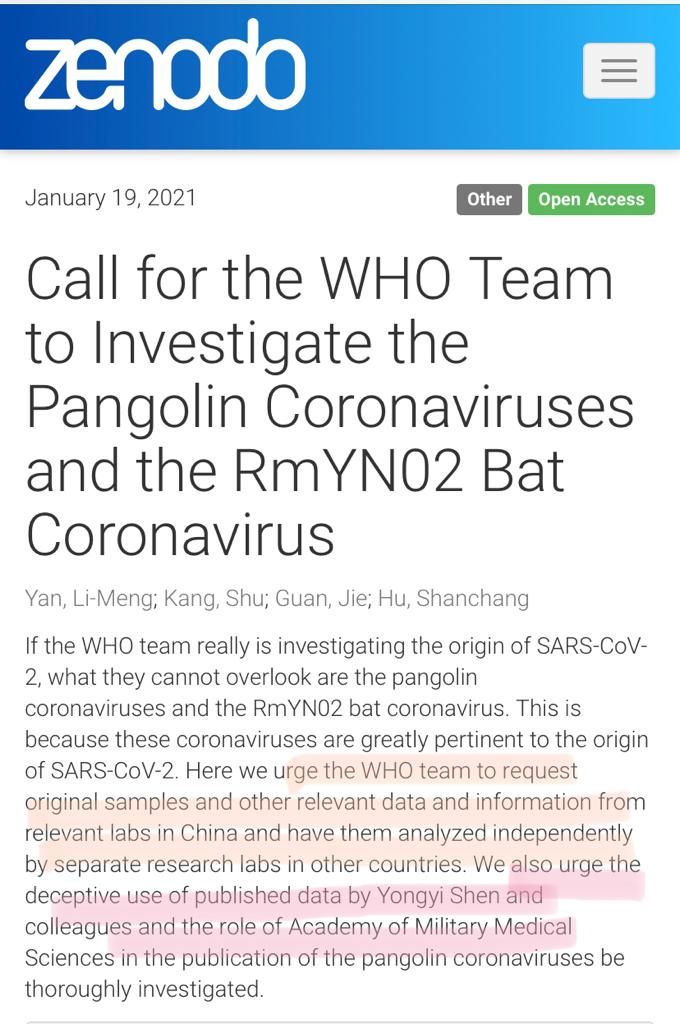 DrLiMengYAN1's tweet photo. Here is my “Call for the WHO Team to Investigate the Pangolin Coronaviruses and the RmYN02 Bat Coronavirus”
It’s critical to independently examine such big scale of academic scandals related to origin of #COVID19, as well as the role of CCP military labs!

https://t.co/zG8JRNY1yG https://t.co/Dho0b7Cn2k