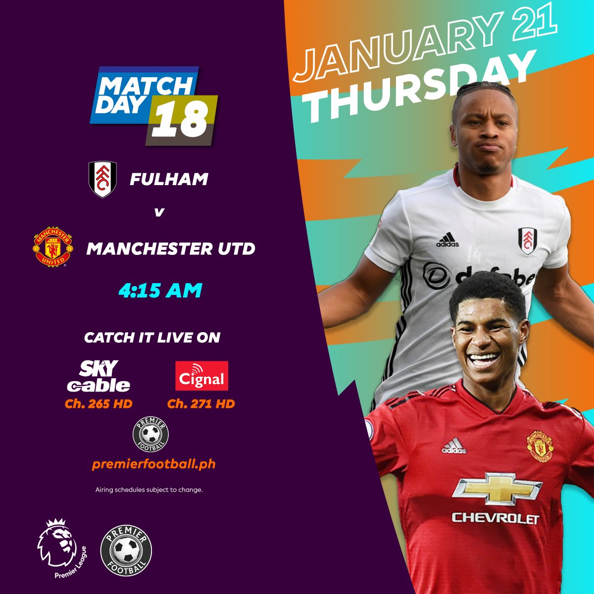 PremierFBPH's tweet photo. The league leaders, Manchester United visits Fulham, who are looking to win at home after a 1-0 defeat to neighbors, Chelsea.
Catch this match LIVE only on Premier Football.
SkyCable (Ch 265)
Cignal (Ch 271)
https://t.co/99Pv7VuTJP
#FULMUN #PLonPF #WeAreOneTeam https://t.co/saBXH44Tn0