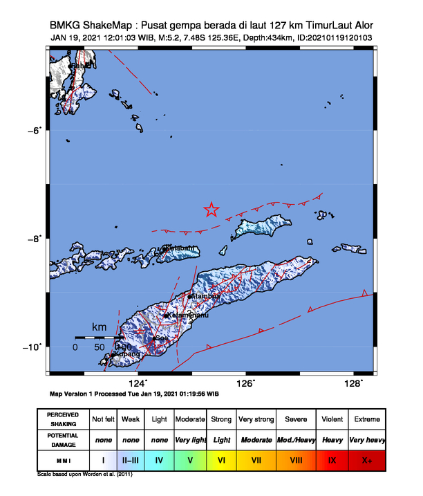infoBMKG's tweet photo. #Gempa Mag:5.2, 19-Jan-21 12:01:03 WIB, Lok:7.48 LS, 125.36 BT (Pusat gempa berada di laut 127 km TimurLaut Alor), Kedlmn:434 Km Dirasakan (MMI) II Oelamasi #BMKG https://t.co/lf8VNW8XEH
