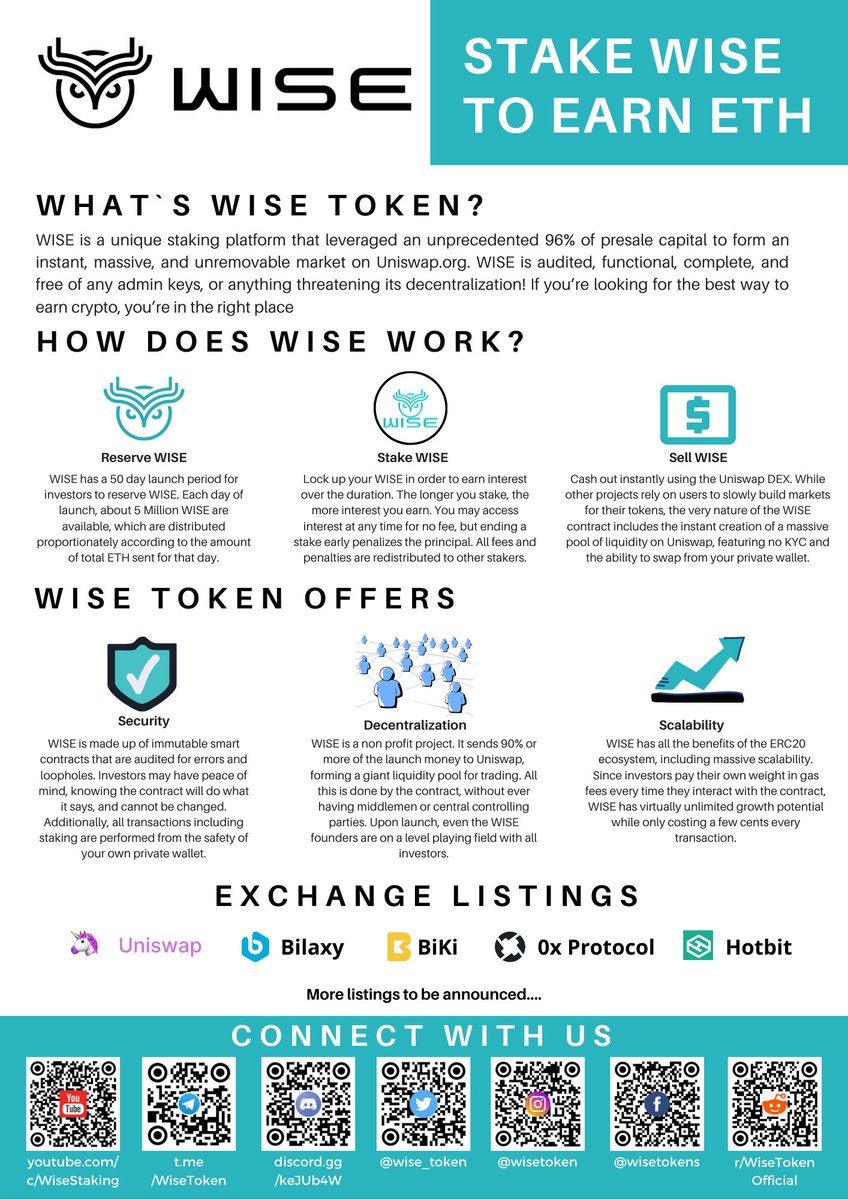 Here`s my #WISE $WISE #wisetoken Infographic. I tried to follow project color schemes and stay inline with using all the correct information from the website. 

<a href="/MartyDevin/">Devin Marty</a> @wise_token <a href="/crypto2invest/">Cryptoverse</a> @DuRtY_Crypto <a href="/CoffeeConverter/">0xC0FF33</a> <a href="/wise_community/">Wise Token Community</a> 

Please do follow and retweet🚀