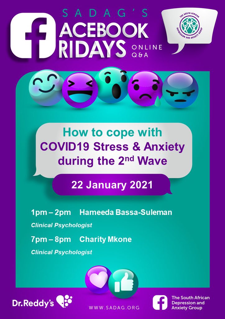 TheSADAG's tweet photo. Many people may be facing increased levels of anxiety and panic, stress, &amp; anxiety. Join SADAG’s FREE #FacebookFriday Online Q&amp;A on 22 January. Experts will be focusing on how to cope with Covid19 Stress &amp; Anxiety during the 2nd wave. More details to follow. #mentalhealthmatters https://t.co/eLz7JfzPNy