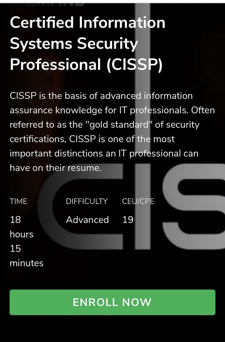 i_alhendawi's tweet photo. -
مجاني لفترة

كورس في الشهادة المهنية 

Certified Information Systems Security Professional (CISSP)
- مجاني حتى تاريخ 31 يناير 

https://t.co/J5yCFp3nz7 https://t.co/CtarbjSmq6