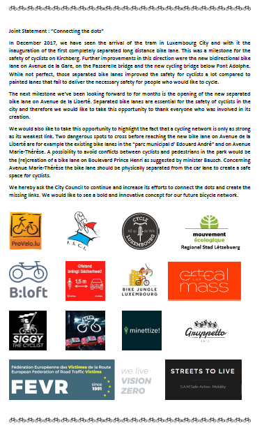 CyclistSiggy's tweet photo. It's time to act @CityLuxembourg 

We hereby ask the City Council to continue and increase its efforts to connect the dots and create the missing links. We would like to see a bold and innovative concept for our future bicycle network. https://t.co/8mohmr9FxK