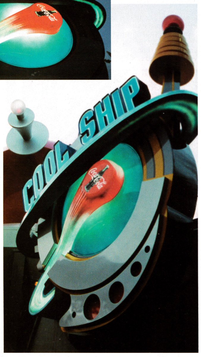 1940s-50s retro-futurism with the Cool Ship logo (love that 'melting coke comet') & Rocket Intergalactic Diner (can't find any info), a Factory Pomo kiosk at Dave & Busters, and Portillo's Hotdogs in the 'Boomer Diner Revival' style.