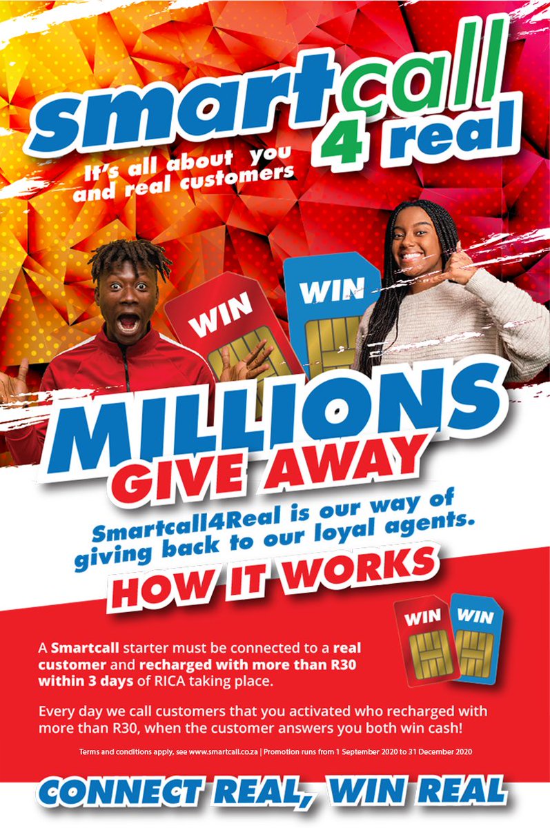 SmartcallVSP2's tweet photo. You can still WIN yourself R2000📣! Simply connect a real customer and recharge them with more than R30 within 3 days of RICA taking place. #smartcall4real #RechargeWithSmartload https://t.co/7f0PLcVPEy