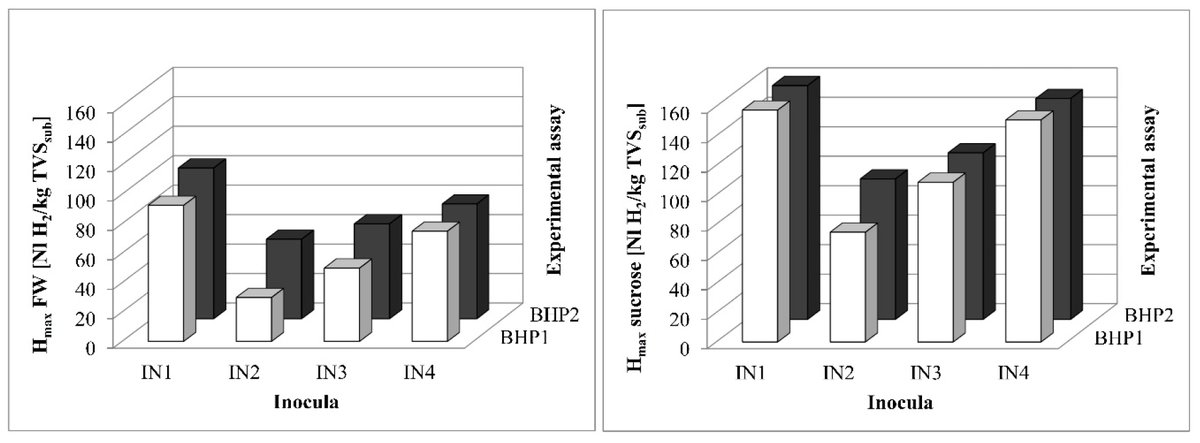 Results of the design of experiments in terms of total amount of hydrogen produced, Hmax. The two experimental set-ups are represented as follows: BHP1 (□), BHP2 (■).