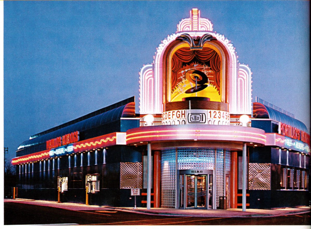 1940s-50s retro-futurism with the Cool Ship logo (love that 'melting coke comet') & Rocket Intergalactic Diner (can't find any info), a Factory Pomo kiosk at Dave & Busters, and Portillo's Hotdogs in the 'Boomer Diner Revival' style.