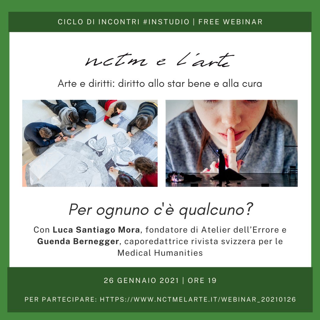 Nuovo appuntamento del ciclo dedicato al tema della #cura, del diritto alla #salute e alla ricerca del #benessere con Luca Santiago Mora e Guenda Bernegger
💻#Webinar⁠ in italiano⁠
🗓26 gennaio, ore 19
📌Per partecipare: nctmelarte.it/webinar_202101…
#nctmelarte #IncontriInStudio