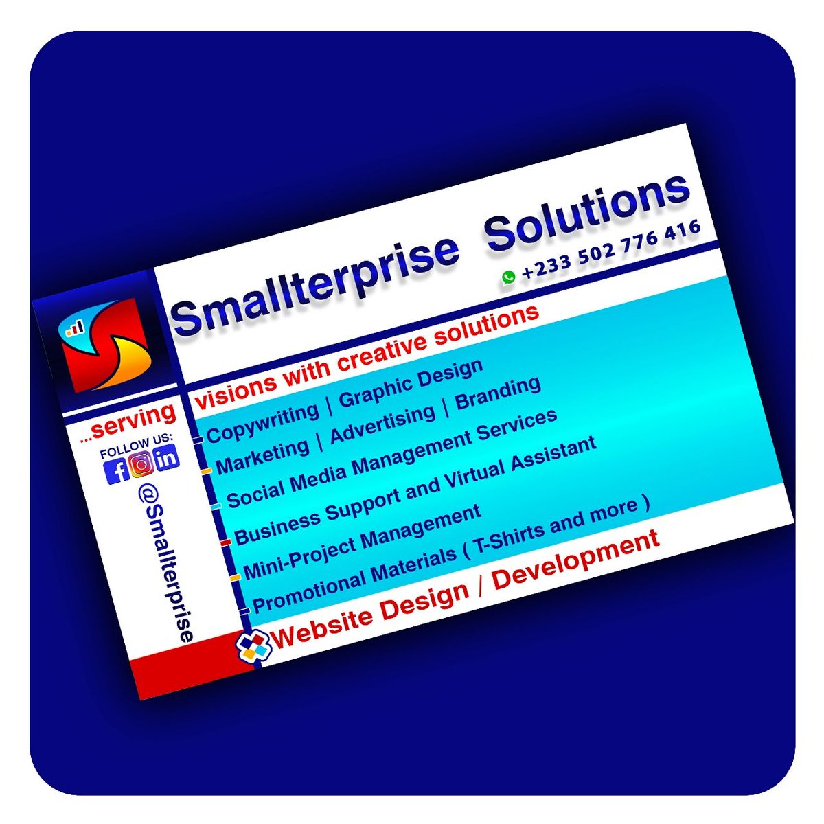 Smallterprise's tweet image. @Smallterprise #SmallterpriseSolutions #GraphicDesign #Copywriting #Marketing #Advertising #SocialMediaManager #GraphicDesigner #BusinessSupportServices #LogoDesigner #FlyerDesign #BusinessSolutions #Entrepreneurs #Freelancer #Webdesign 
WhatsApp Us👇
wa.me/c/233502776416