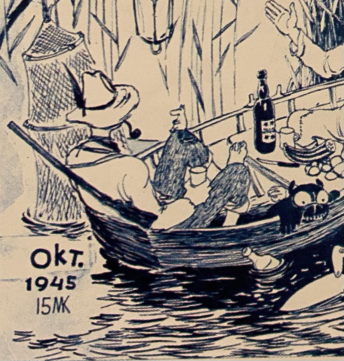 6/16 No, it’s not Snufkin. More likely the man with his back to us was based on Tove’s pipe-smoking, hat-wearing friend, Atos Witanen, left-wing intellectual, journalist & MP. But to say that he looks like a more human prototype Snufkin wouldn't be too much of an exaggeration...