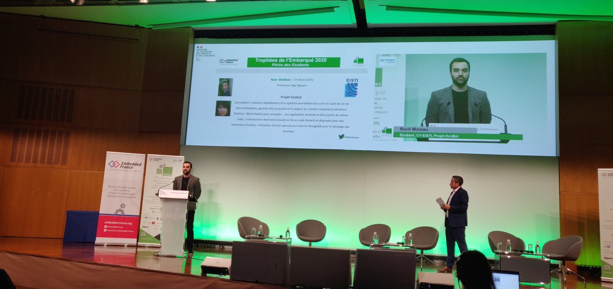 INEM_EISTI's tweet photo. Pitch de Roch Moreau, diplômé de @CY__Tech Trophées de l'embarqué, catégorie Étudiant, projet #Ecobol @EmbeddedFrance https://t.co/pXHiJMC9iF