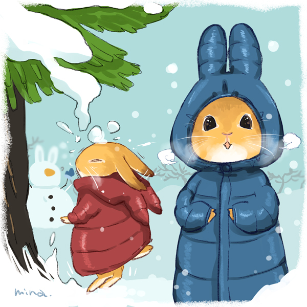 Mina Moco A Twitter 雪遊び モコモコがモコモコを着る 双子の子ウサギちゃんはひっそりと 定期的に描いてるキャラクターなのですが 赤い方がお兄ちゃんです うさぎ うさぎのいる暮らし うさぎのいる生活 オリジナルキャラ Rabbit Bunny T Co