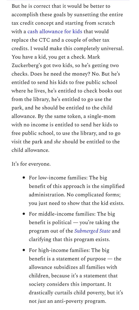 An even better idea for today’s political era is to ditch the tax credit apparatus and do cash assistance as an explicit spending program so every parent gets theirs Biden Bucks and knows it. https://www.slowboring.com/p/inflation-contrarians