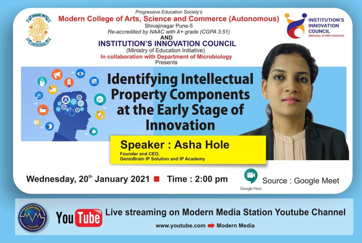 iic_05's tweet photo. Join us for sessions on "Identifying intellectual property components at early stage of innovation" By Mrs. Asha Hole, Founder and CEO, GenioBrain IP solution and IP Academy. Live streaming on YouTube channel "Modern Media Station"
https://t.co/R1T8HfRMHT
@mhrd_innovation https://t.co/RI5YRVMTT3