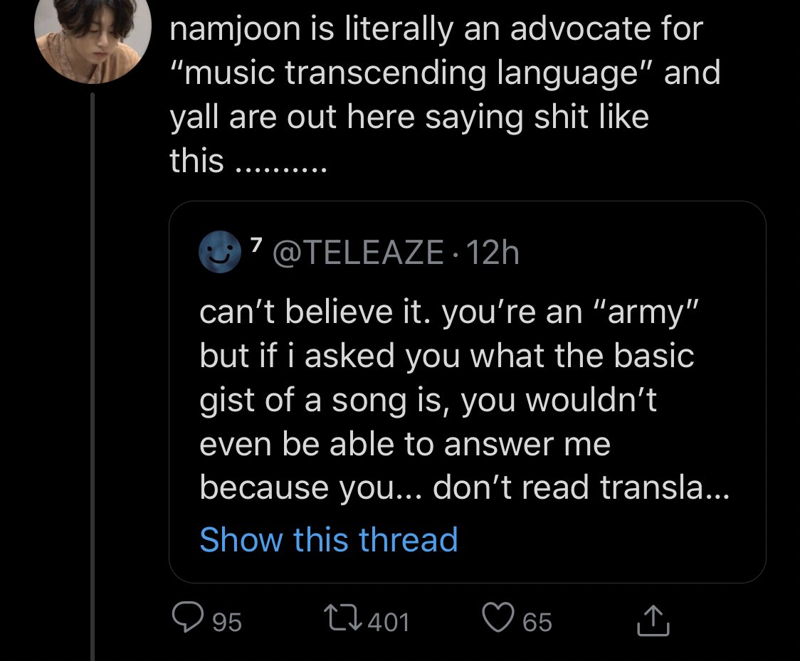 im fr tired. oomfs pls help me @ those jumping in without context:1. no one said “memorize all lyrics line-by-line” or “learn the language” 2. this is a general point about people REFUSING to read lyrics and telling others they don’t have to as well.that’s it