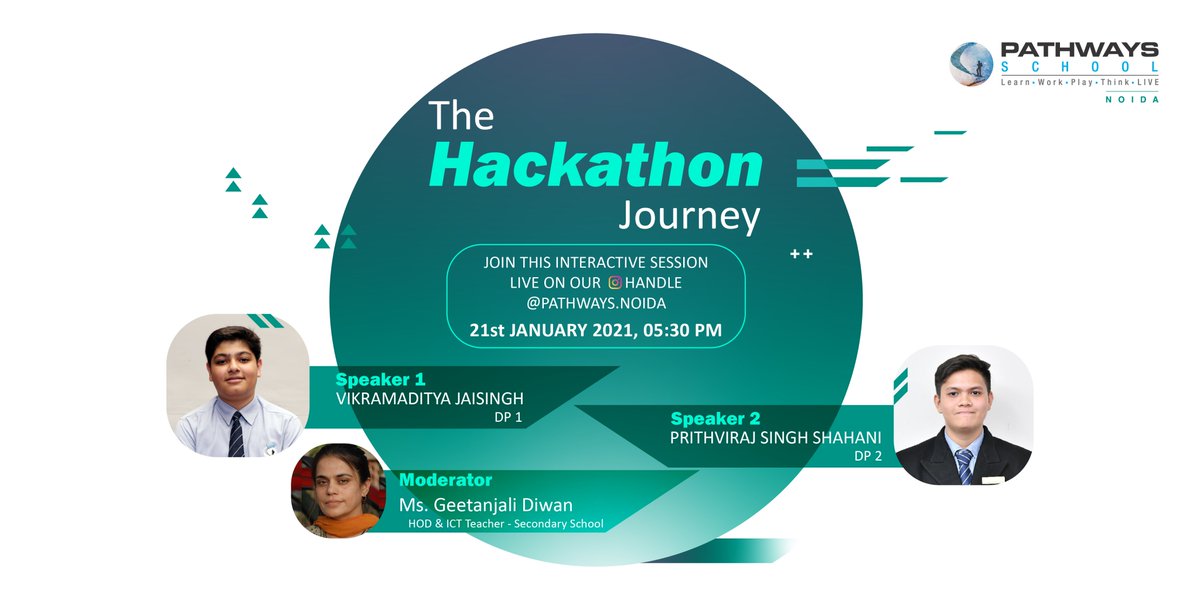 PathwaysNoida's tweet photo. Join us for an exclusive LIVE session with Prithviraj, DP2, and Vikramaditya, DP1, where they'll talk about their Hackathon Journey, get your questions ready, and mark your calendars! #PathwaysSchool #Live #Instagram https://t.co/Uoan5CbKEW