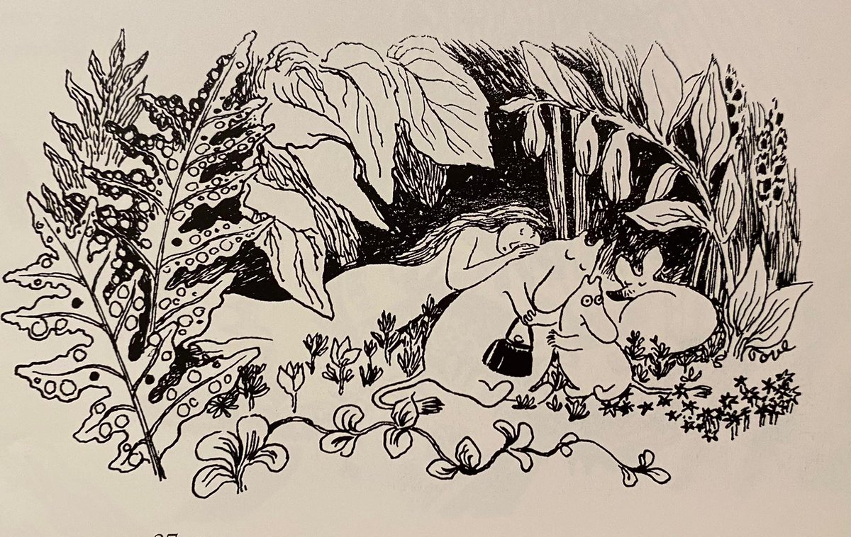 13/16 ...the second, Sniff and Moomintroll snuggled up with Moominmamma (and her handbag, of course). These are both drawn in the early Moomin style (when their snouts were smaller and less rounded) but with such vitality and character.