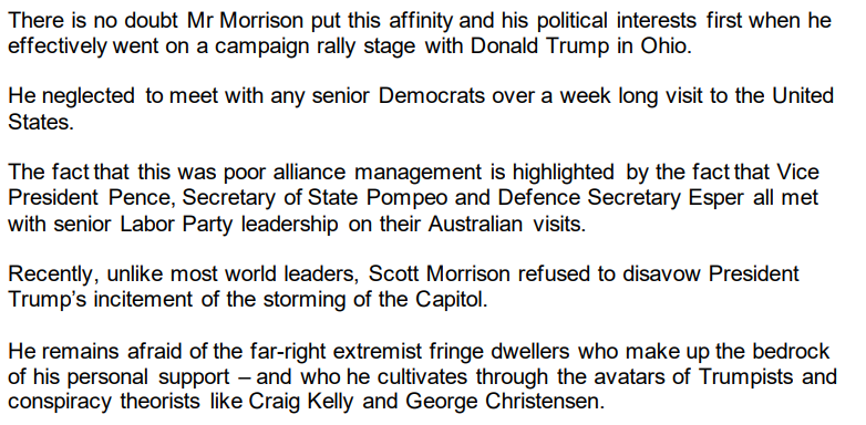 Albanese will also accuse Morrison of getting too close to Trump. This is familiar ground here- Albanese will argue that Morrison failed to condemn Trump's conduct on Jan 6 because he didn't want to enrage the "Trumpist" rump in the Coalition 2/